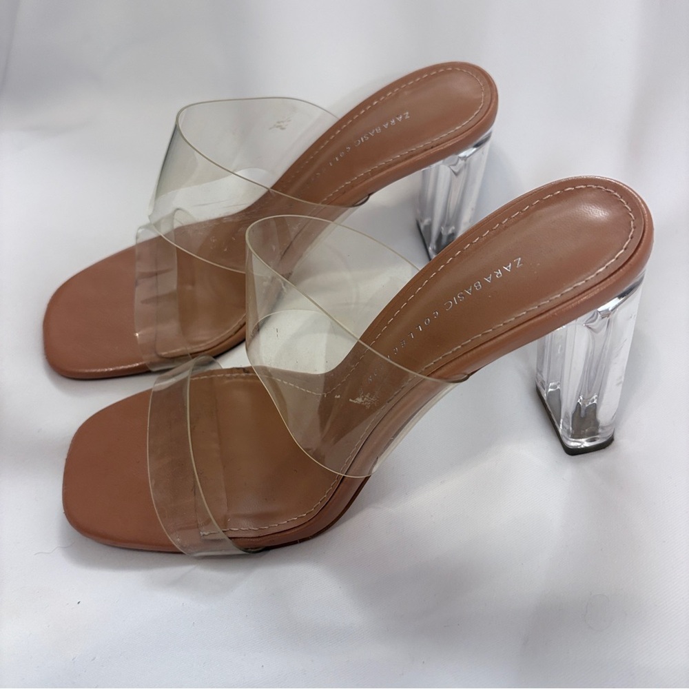Zara Clear Strap Heels Women’s 38 Brown Square Toe Lucite Block Heel